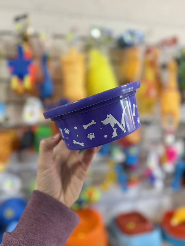 Comedero redondo azul con huesos estampados