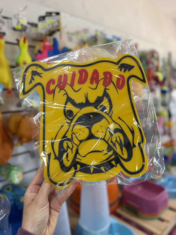 Cartel Cuidado bulldog amarillo